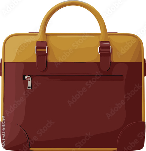Brown leather business briefcase bag, zipper pocket, dual handles, rectangular design, professional office accessory, front view, CAD drawing flat vector illustration