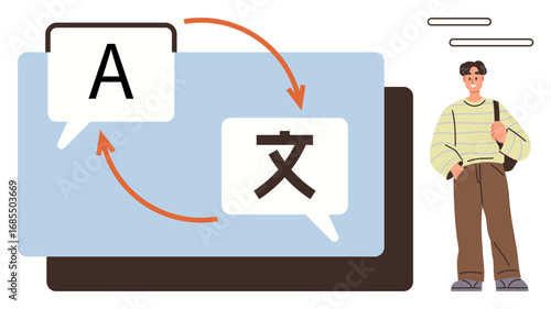 Speech bubbles with letters and arrows indicating language conversion, young man with a backpack standing. Ideal for communication, translation, education, cultural exchange, travel, linguistics