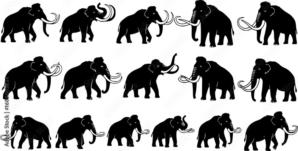 Naklejka premium Mammoth silhouettes, Woolly mammoth silhouette, Mammoth svg, Mammoth silhouette, Mammoth vector illustration