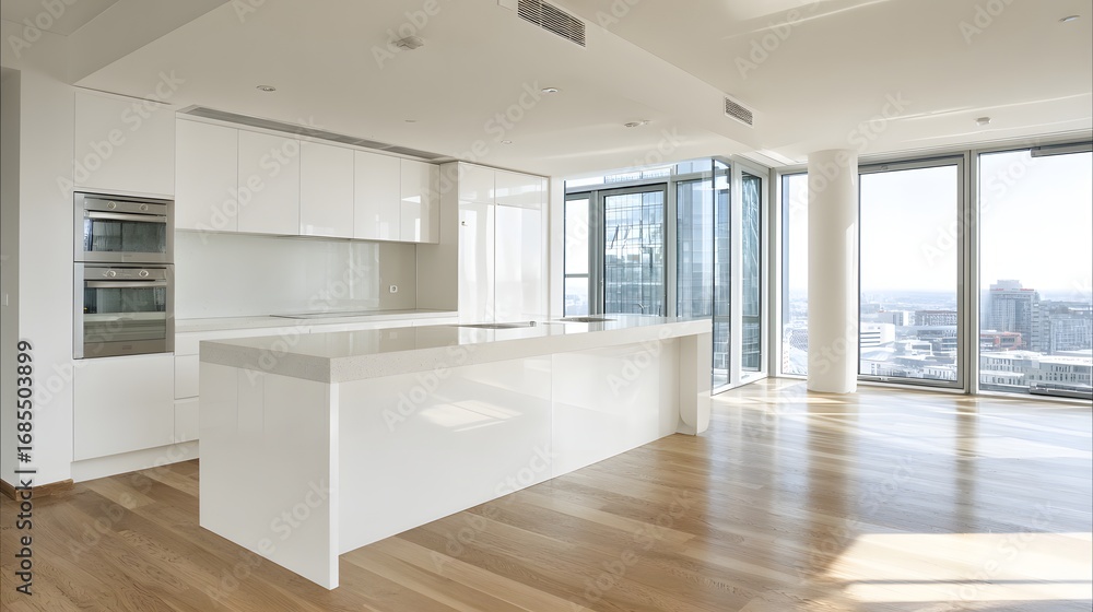 Fototapeta premium White modern empty kitchen interior open counter wide windows
