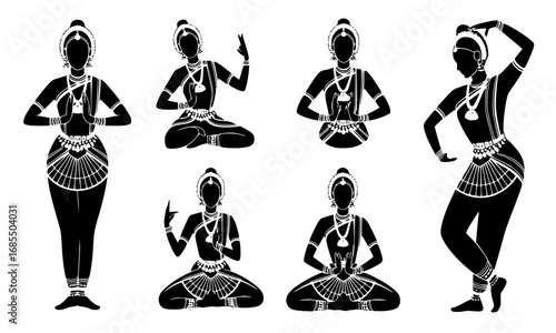 Odissi classical dance poses set silhouette vector illustration