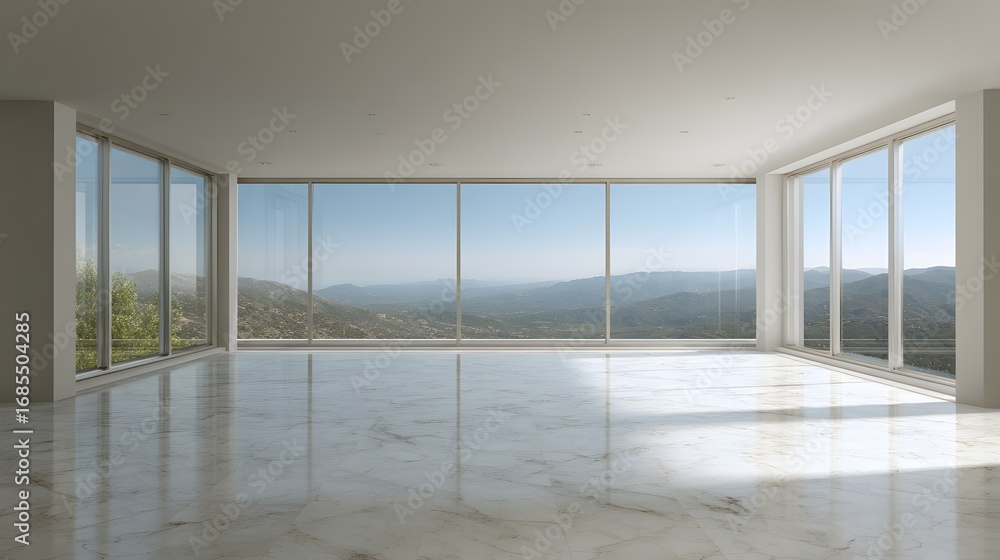 Obraz premium Elegant empty interior neutral modern design panoramic window
