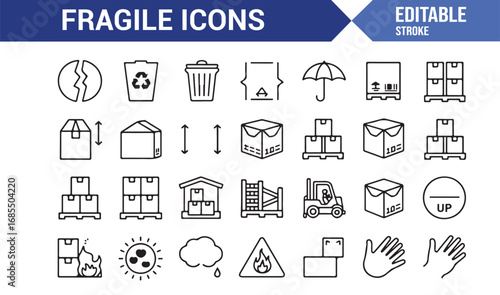 Shipping fragile icons set in editable stroke style with carton, crate, label, recycle, and goods handling