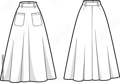 Long flared maxi skirt with front pockets and waistband detail, fashion CAD drawing, flat vector illustration for clothing design and apparel