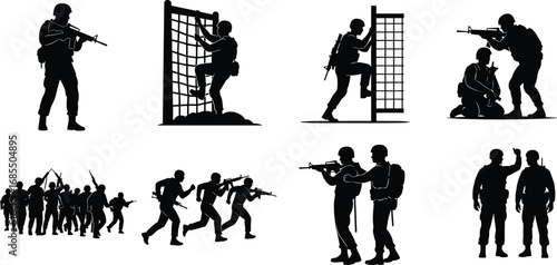 Military training, tactical movement, soldier silhouette, rope climb, rifle aim, teamwork, black and white illustration, defense drill, combat pose, readiness