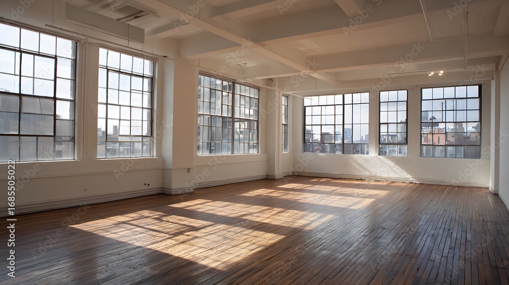 Fototapeta premium Spacious loft empty studio high windows natural sunlight