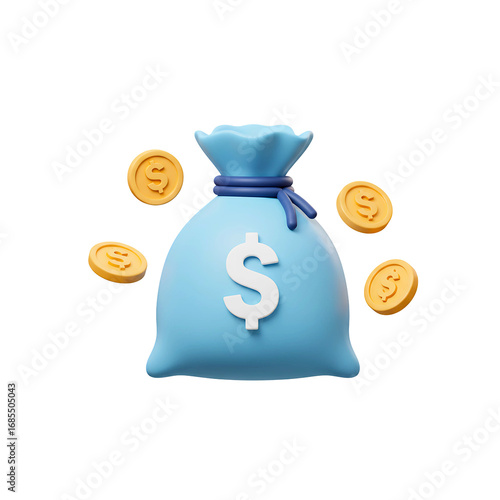 Light blue wallet with cash and a gold coin isolated on transparent background