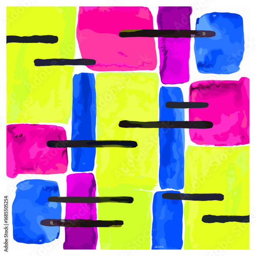 Vivid Blocks" is a bold, high-energy abstract design that combines bright yellow, pink, and blue blocks, intersected by strong black lines. The watercolor effect adds depth and fluidity.