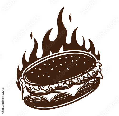 Fiery burger illustration featuring a delicious hamburger with flames and a classic diner style