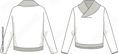 Shawl collar pullover sweatshirt CAD template, cozy casual wear fashion flat sketch, front and back view, vector technical drawing