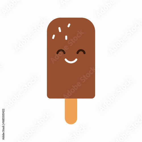 Happy chocolate ice cream bar on a wooden stick with sprinkles.