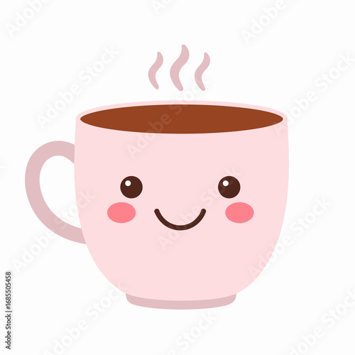 Happy pink mug of hot coffee or tea.