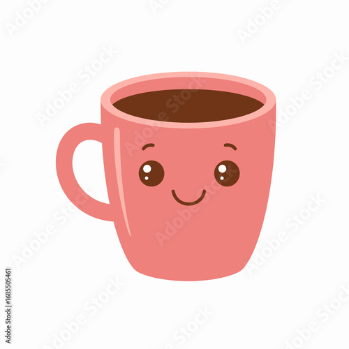 Adorable pink coffee mug with a cheerful face and delicious coffee.