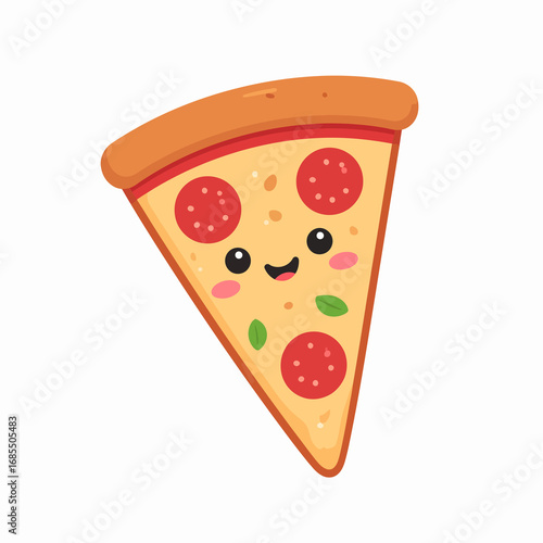 Cute Cartoon Pizza Slice with Pepperoni and Basil.