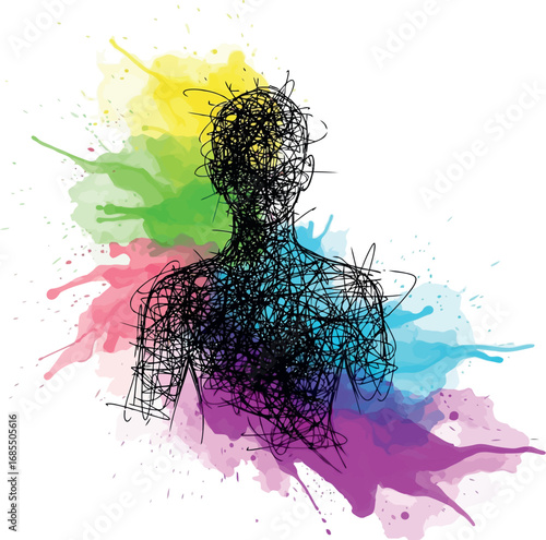 Vector vector art of abstract human figure made of scribbled lines against a colorful paint splash, transparent background
