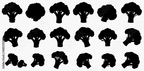 A diverse set of black silhouette illustrations depicting broccoli florets and whole heads, presented on a transparent background.