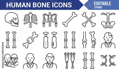Editable stroke skeletal icons pack with orthopedic tools, crutches, surgeon, trauma, and diagnosis graphics