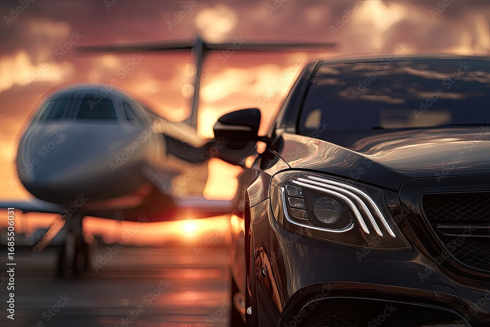 Naklejka premium Luxurious car and private jet at sunset