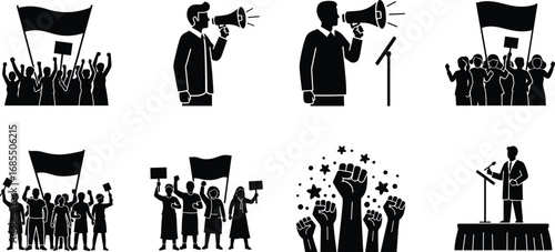 Protest and political rally silhouettes, activists holding banners, people with megaphones, public speech, freedom movement, social justice, revolution signs