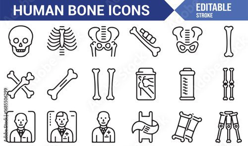 Modern stroke human bone icons featuring medical, anatomy, support, bandage, and recovery illustrations