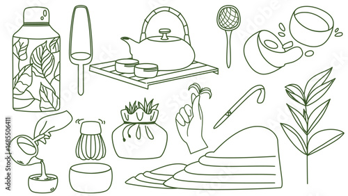 Outline matcha tea element set with teapot, sprout, cups, whisk, and bamboo spoon in green. Ideal for tea brands, cafes, designers, and packaging focused on natural and traditional tea culture.