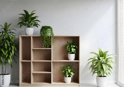 A well-organized modern library with white books and green plants on wooden shelves, a concept of minimalist learning and knowledge