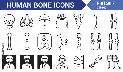 Stroke style human bone icons pack with healthcare, anatomy, treatment, diagnosis, and injury graphics