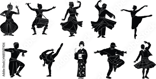 Traditional dance, cultural attire, global movement, black and white illustration, expressive pose, folk dance, classical style, silhouette art, diversity, heritage