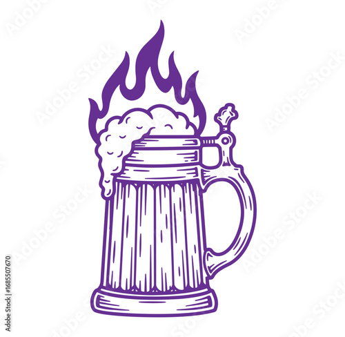 Vector illustration of a frothy beer stein with stylized flame bursting from the foam