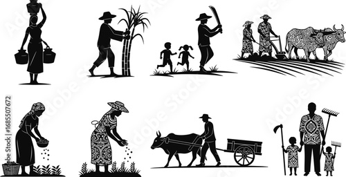 Traditional farming vector illustration, rural life, farmers working, harvesting crops, ox cart, planting, agriculture, family farming, hand tools, countryside, harvest season