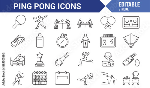 Vector editable stroke ping pong icons set with player, match, practice, champion, and equipment