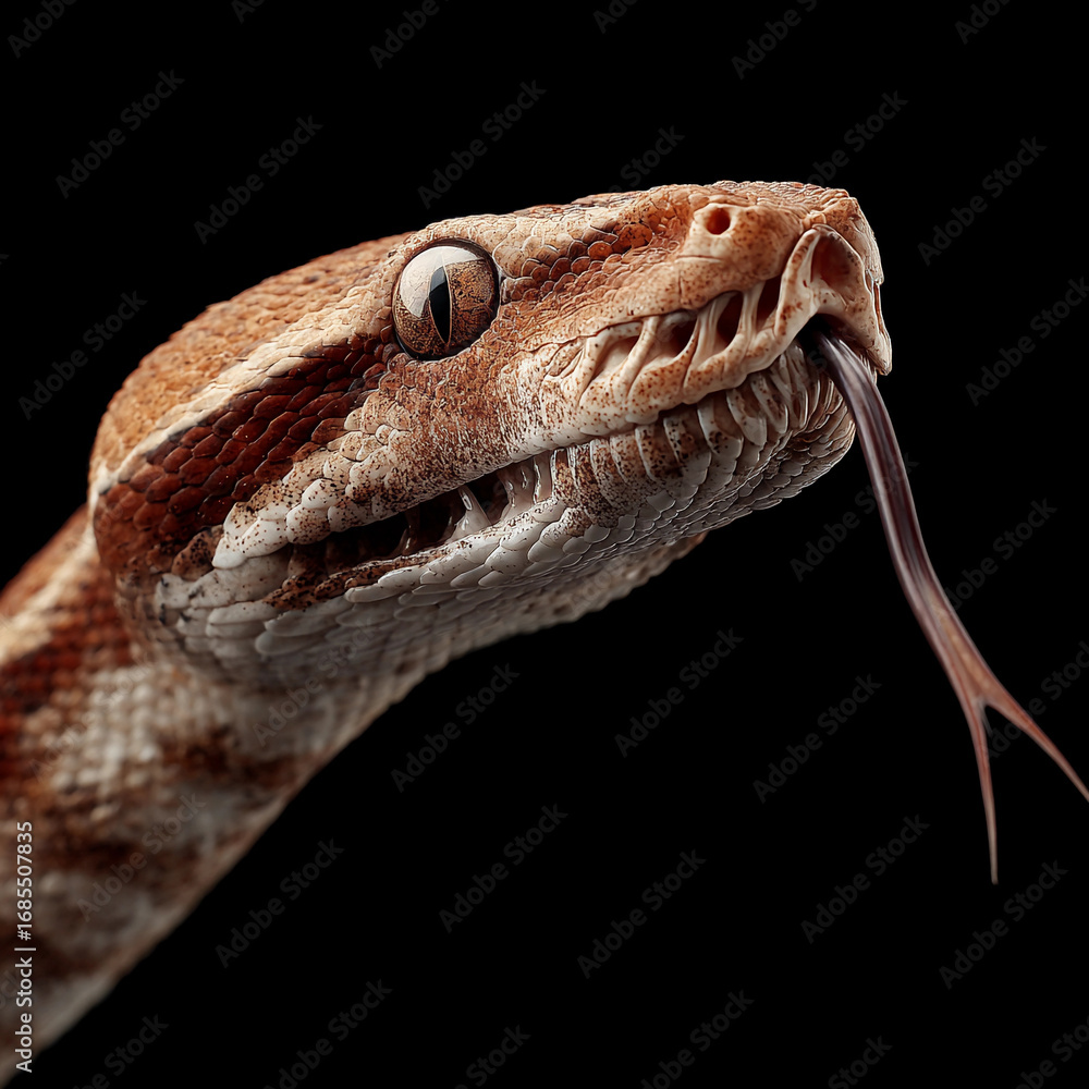 Fototapeta premium Detailed close-up of a snake showcasing intricate scale patterns and a flicking tongue against a dark background in a controlled environment