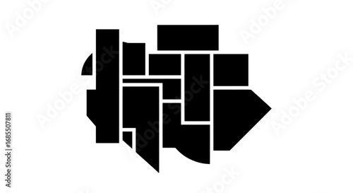 A minimalist black and white vector graphic featuring a complex collage of abstract geometric shapes. Perfect for modern logos, branding, or creative clipping masks.