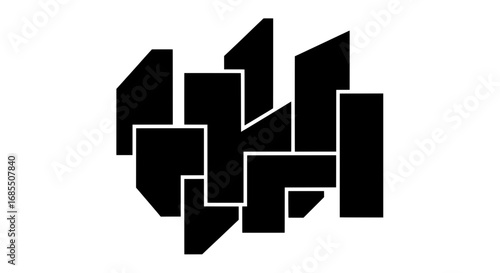 A bold, minimalist black and white vector graphic. This abstract composition of layered geometric shapes creates a dynamic 3D effect, perfect for apparel or clipping masks.