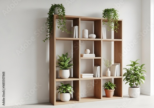 Contemporary wooden bookshelf showcasing a curated collection of green indoor plants and white decor in a minimalist interior