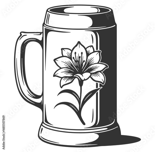 Vintage black and white stein with floral lily decoration isolated on white background