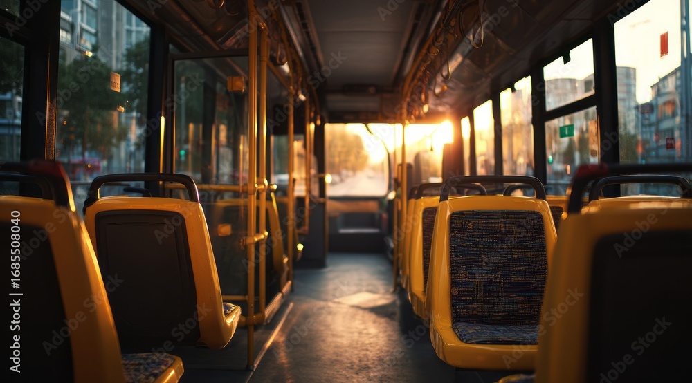 Fototapeta premium Empty City Bus Interior at Sunset