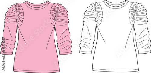 Women’s ruched sleeve top fashion flat sketch, pink and white color options, trendy garment CAD drawing flat vector illustration