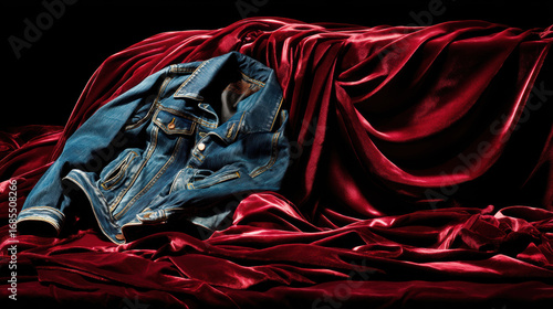 Denim jacket still life red velvet drape luxury fashion apparel casual garment texture rich elegance resting on dramatic cloth, moody studio lighting adds depth and allure