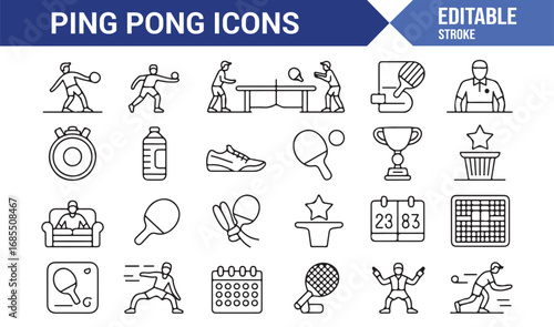 Modern stroke ping pong icons featuring serve, smash, rally, shoes, stopwatch, and competition tools