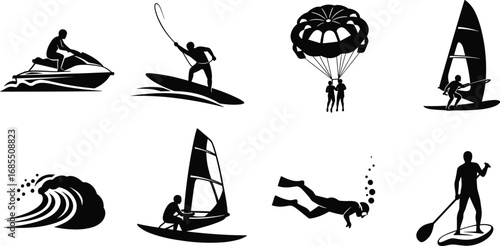 Water sports vector illustration, surfing, parasailing, windsurfing, jet skiing, paddleboarding, diving, ocean adventure, extreme activity, summer sea fun