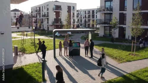Sunlight streams across a modern residential area with walkways, green spaces, and contemporary apartment buildings creating a vibrant community atmosphere.