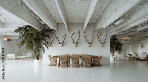 Modern Rustic Dining Room with Antler Wall Decorations and Natural Light