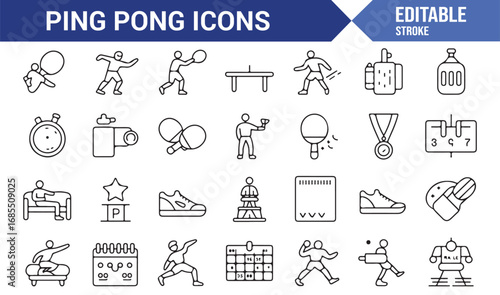 Editable vector ping pong icons including racket, player, trophy, scoreboard, and sports equipment