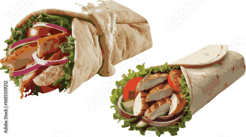 Chicken Wrap Illustration with Fresh Vegetables and Savory Sauce for Food Art
