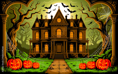 Spooky haunted mansion with pumpkins and bats halloween