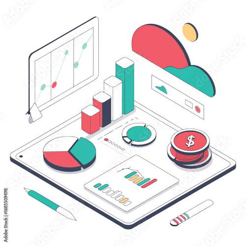 Isometric banking dashboard on tablet with charts and balance
