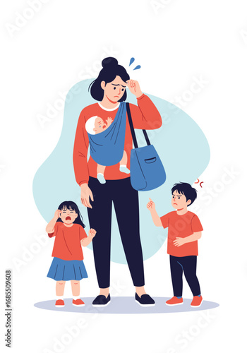 Overwhelmed mother juggling multiple children and daily demands feeling exhausted and stressed