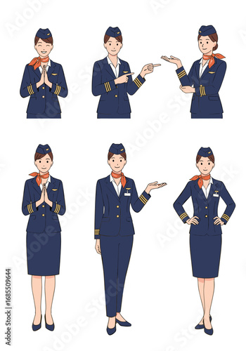 Set of flight attendants in different poses and gestures collection