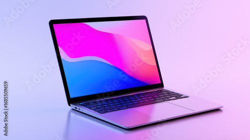 Sleek laptop with vibrant screen displaying colorful abstract design, perfect for modern technology enthusiasts